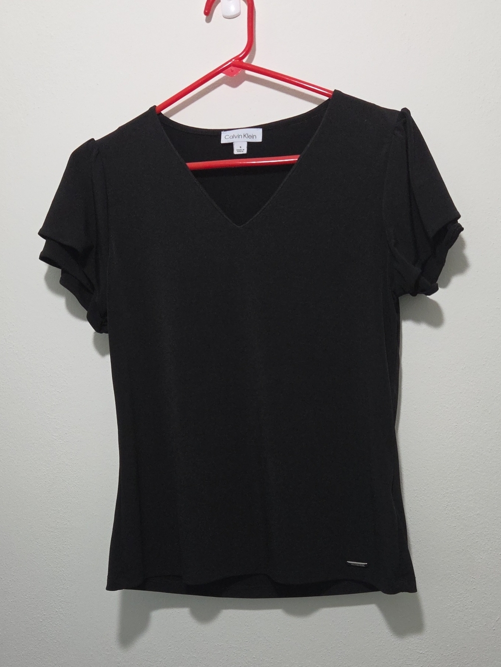 Calvin Klein Black V-Neck Short Sleeve Tee with Flutter Sleeves